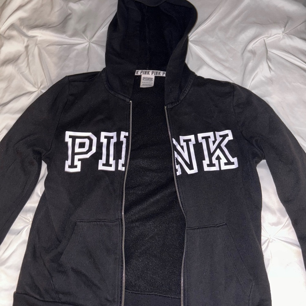 “PINK” Black Zip Up Hoodie